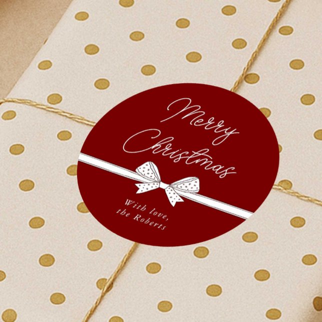 Merry Christmas Ribbon Handwritten Modern Red Classic Round Sticker (Modern whimsical bow red and white Christmas stickers)