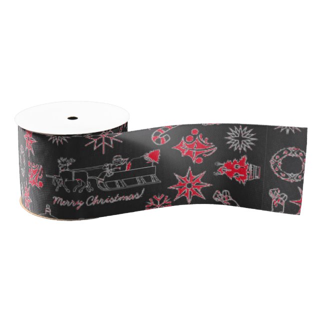 Merry Christmas Ribbon Santa Star Black Red Grosgrain Ribbon (Spool)