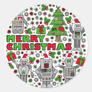 Merry Christmas Robots Classic Round Sticker