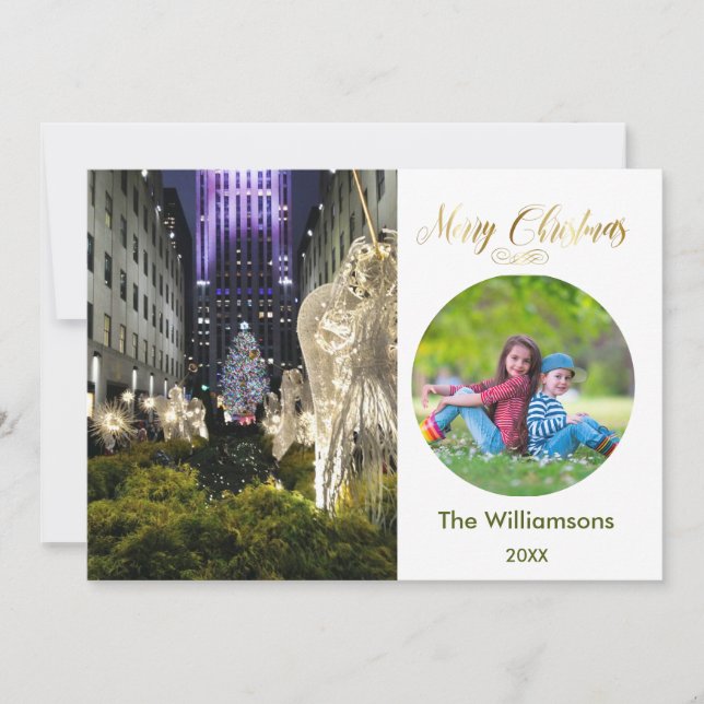 Merry Christmas Rockefeller Tree and Family Photo Card (Front)