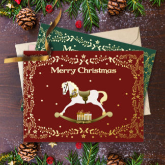 Merry Christmas Rocking Horse Gold Foil Postcard 