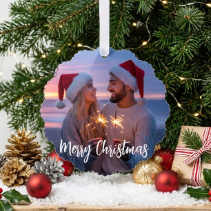 Merry Christmas Romantic Couple Sunset Photo Tree Decoration Card
