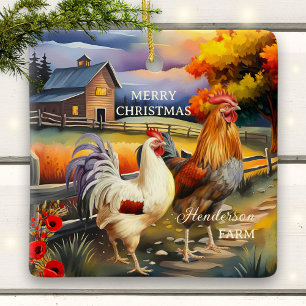 Merry Christmas Rooster Chicken Farm Ceramic Ornament