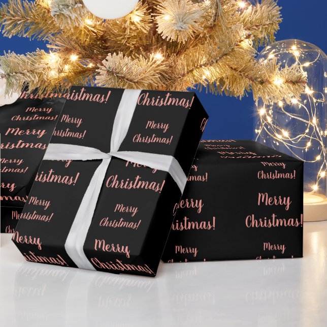 Merry Christmas Rose Gold Black Script Typography Wrapping Paper (Holidays)