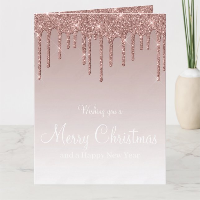 Merry Christmas Rose Gold Drip Glam Girl Card (Front)