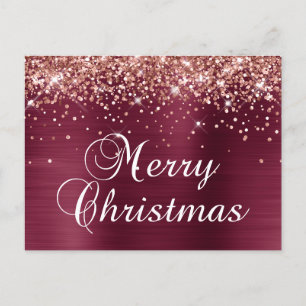 Merry Christmas Rose Gold Glitter Burgundy Foil Holiday Postcard