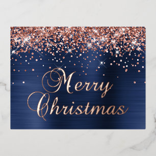 Merry Christmas Rose Gold Glitter Navy Blue Glam Foil Holiday Postcard
