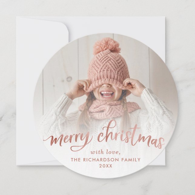 Merry Christmas | Rose Gold Typography and Photo Holiday Card (Front)