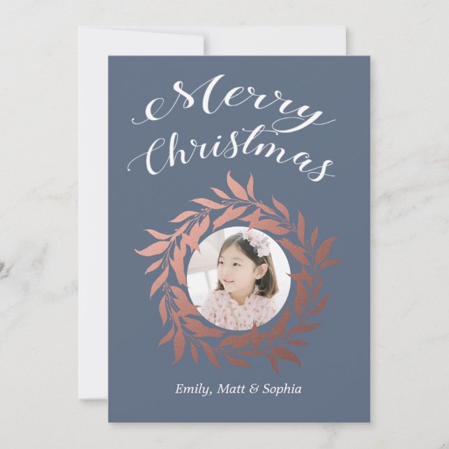 Merry Christmas Rose Gold Wreath Blue White Photo Holiday Card (Front)