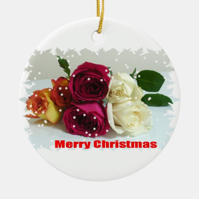 Merry Christmas Roses Ceramic Tree Decoration (Front)