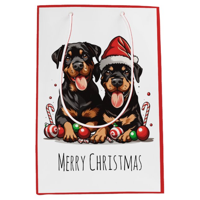 Merry Christmas Rottweiler Dog Santa Medium Gift Bag (Front)
