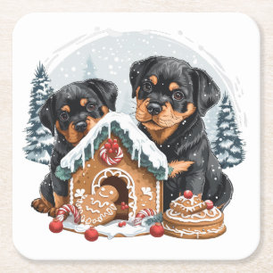 Merry Christmas Rottweiler Dogs Gingerbread House Square Paper Coaster