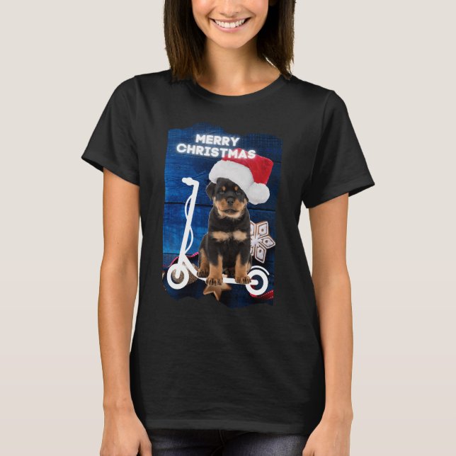 Merry Christmas Rottweiler Puppy On Scooter T-Shirt (Front)