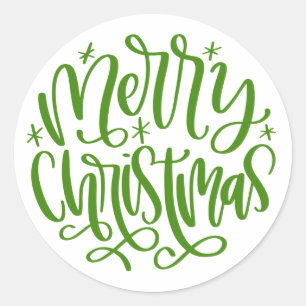 Merry Christmas Round Green Script Stickers