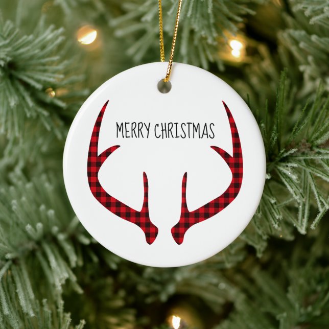 Merry Christmas Round Ornament-Plaid Antlers Ceramic Tree Decoration (Tree)