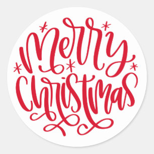 Merry Christmas Round Red Script Stickers