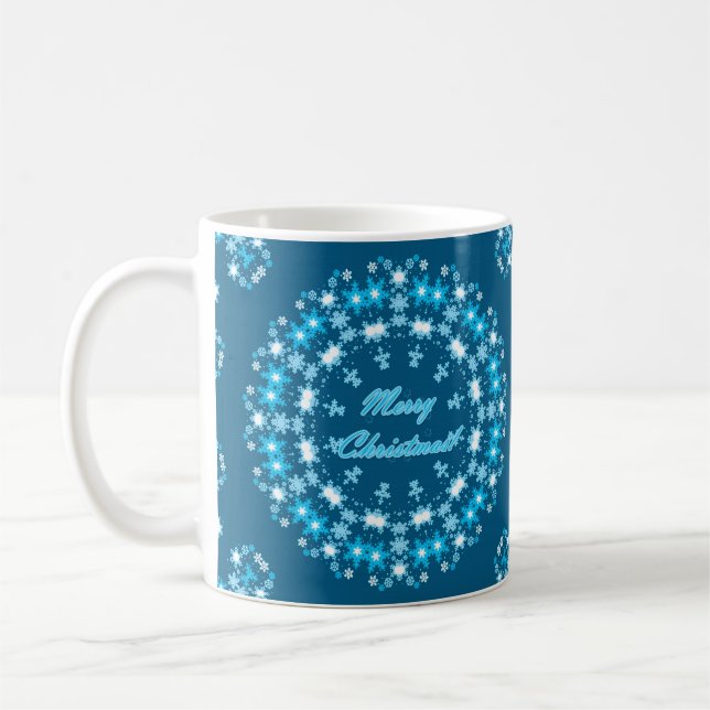 Merry Christmas round snowflake winter white blue Coffee Mug (Left)