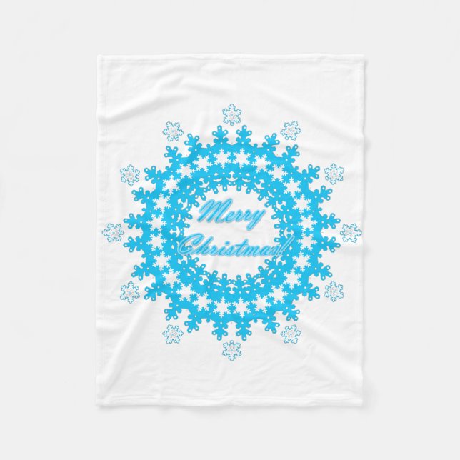 Merry Christmas round snowflake winter white blue Fleece Blanket (Front)