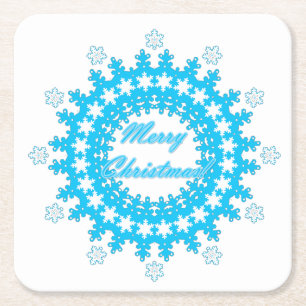 Merry Christmas round snowflake winter white blue Square Paper Coaster