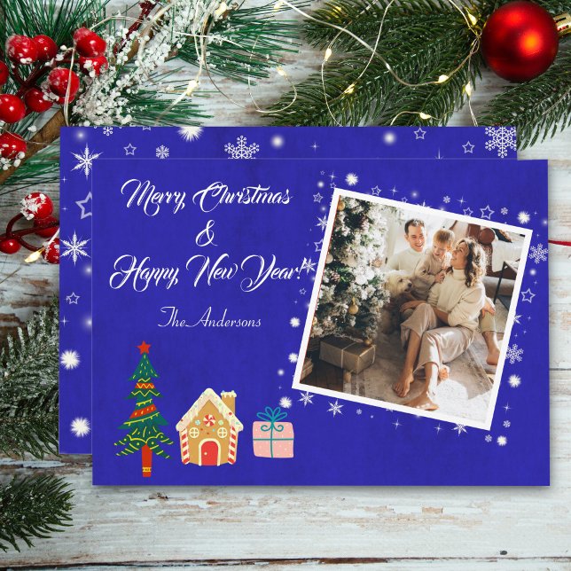 Merry Christmas Royal Blue Family Photo  Holiday Card (Creator Uploaded)