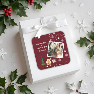 Merry Christmas Ruby Wine Family Photo Square Sticker