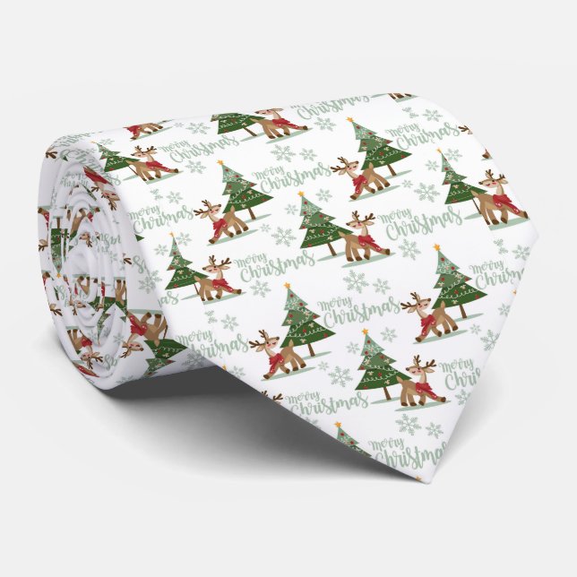 Merry Christmas Rudolph and Christmas Trees  Tie (Rolled)