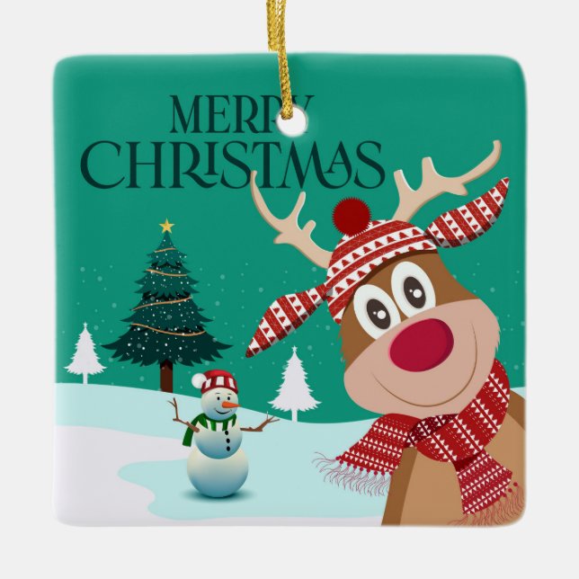 Merry Christmas Rudolph and Snowman Ceramic Ornament (Front)