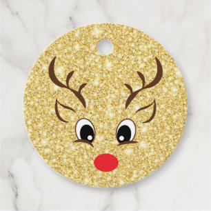 Merry Christmas Rudolph Gold Glitter Gift Tag