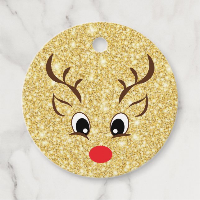 Merry Christmas Rudolph Gold Glitter Gift Tag (Front)