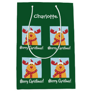 Merry Christmas Rudolph Reindeer Personalise Name Medium Gift Bag