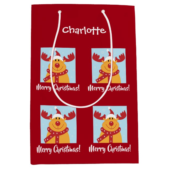 Merry Christmas Rudolph Reindeer Personalise Name Medium Gift Bag (Front)