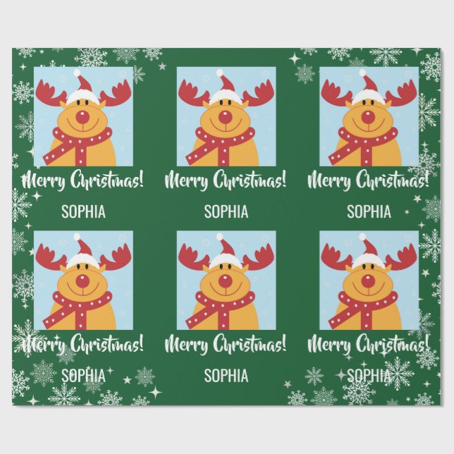 Merry Christmas Rudolph Reindeer Personalise Name Wrapping Paper (Flat)