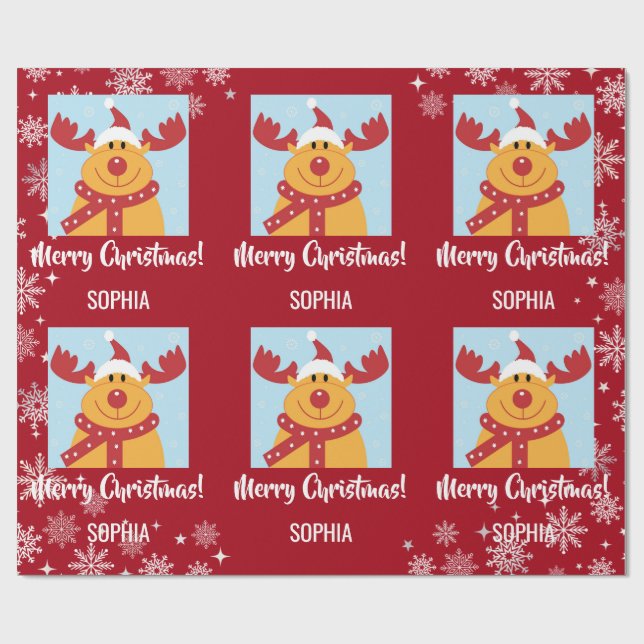 Merry Christmas Rudolph Reindeer Personalise Name Wrapping Paper (Flat)