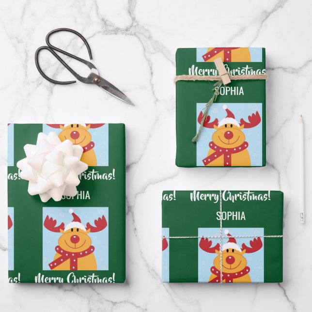 Merry Christmas Rudolph Reindeer Personalise Name Wrapping Paper Sheet (Front)