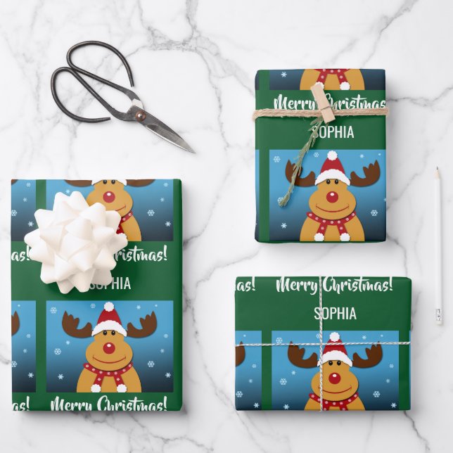 Merry Christmas Rudolph Reindeer Personalised Name Wrapping Paper Sheet (Front)