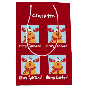 Merry Christmas Rudolph Reindeer Personalize Name Medium Gift Bag