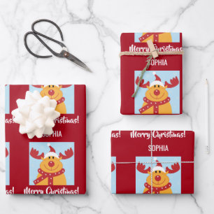 Merry Christmas Rudolph Reindeer Personalize Name Wrapping Paper Sheet