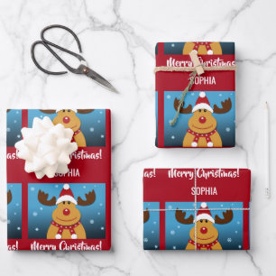 Merry Christmas Rudolph Reindeer Personalize Name Wrapping Paper Sheet