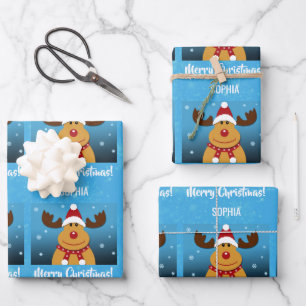 Merry Christmas Rudolph Reindeer Personalized Name Wrapping Paper Sheet