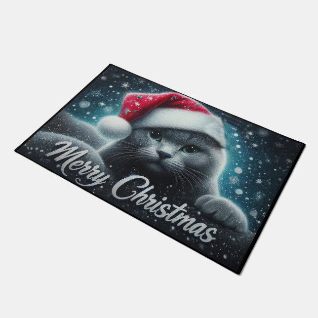 Merry Christmas Russian blue Cat, Xmas Santa Cat Doormat (Angled)