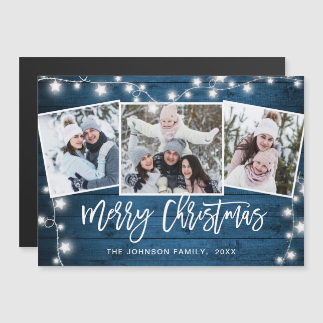 Merry Christmas Rustic  3 PHOTO Magnetic Card (Front/Back)