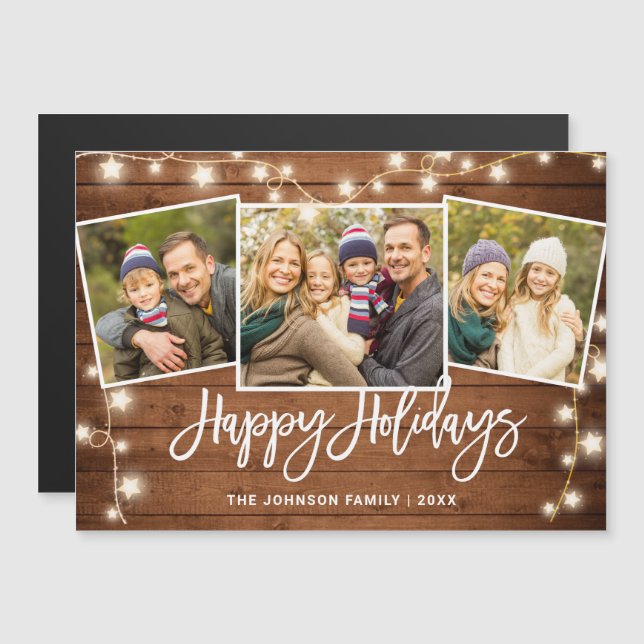 Merry Christmas Rustic  3 PHOTO Magnetic Card (Front/Back)