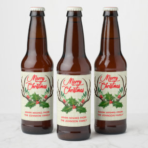 Merry Christmas Rustic Antlers Beer Bottle Label