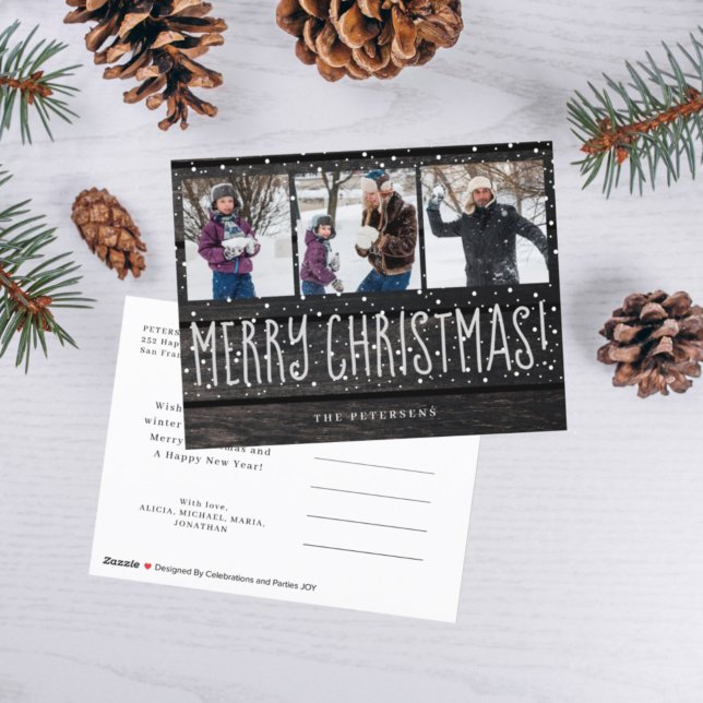 Merry Christmas rustic barn wood 3 photo collage  Holiday Postcard (Creator Uploaded)