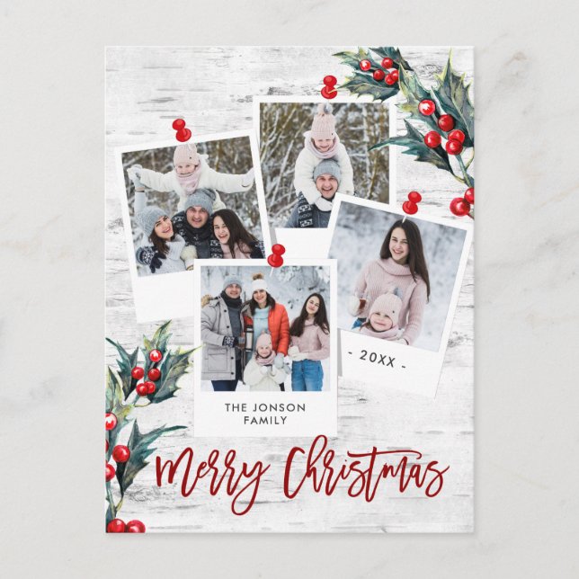 Merry Christmas Rustic Birch Bark 4 PHOTO Greeting Postcard (Front)