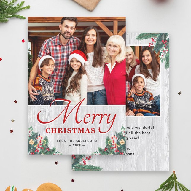 Merry Christmas Rustic Birch Mistletoe 2 Photo Holiday Card (Creator Uploaded)