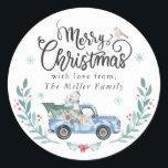 Merry Christmas Rustic Blue Truck Winter Floral Classic Round Sticker<br><div class="desc">Merry Christmas Rustic Blue Truck Winter Floral Classic Round Sticker</div>
