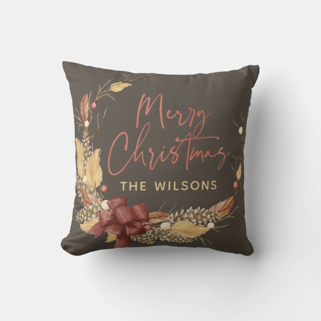 Merry Christmas Rustic Copper Photo Monogram Cushion (Front)