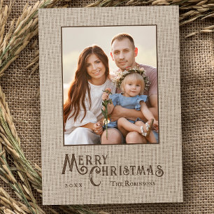 Merry Christmas Rustic Country Burlap Print Photo Holiday Card