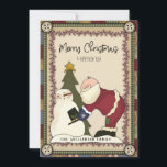 Merry Christmas Rustic Country Santa and Snowman Holiday Card<br><div class="desc">Merry Christmas Rustic Country Santa and Snowman - Rustic primitive country Santa all dressed in his Christmas best is handing his friend Frosty his top hat. Santa and Snowman are standing beside a Christmas tree. Card is framed with red berries and gingham. Card is perfect for personal or business use....</div>